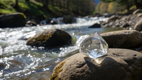 Clear Crystal Gemstone on River Rock in Sunlight