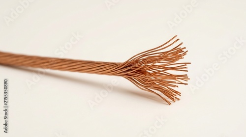 Macro view of frayed copper wire strands on white background.