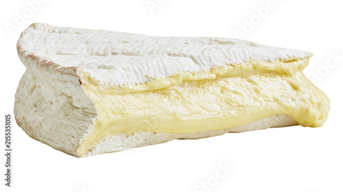 Soft white bloomy rind cheese wedge with gooey melted center, isolated on transparent background