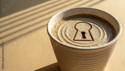 Coffee cup with a keyhole emblem carved into its foam