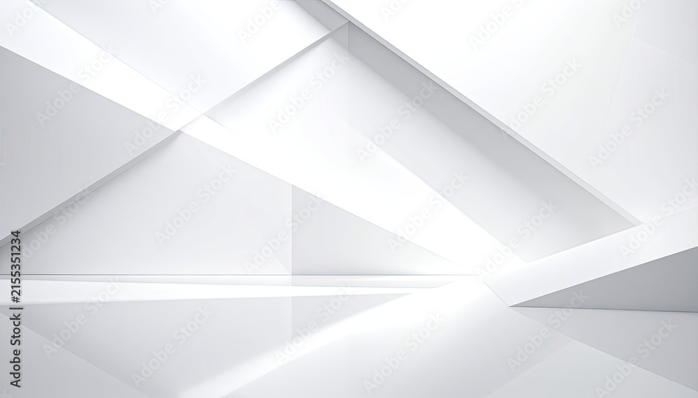Fototapeta premium A minimalist white abstract design featuring intersecting planes and reflective surfaces.