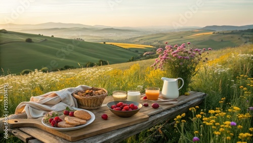 Countryside breakfast spread with fresh fruit and juice overlooking rolling hills