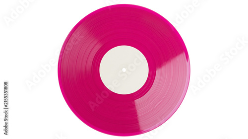 Foto Vibrant pink vinyl record with white label, isolated on transparent background