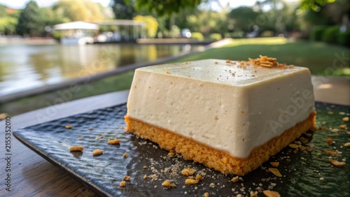 Creamy Dessert Slice on Black Plate Outdoors
