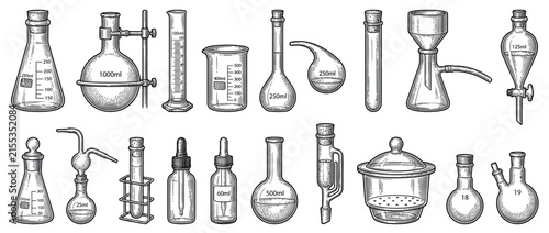 Fotografía Collection of vintage laboratory glassware on transparent background