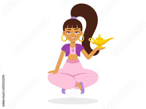 Cuadro en lienzo Cute Cartoon Genie Girl Levitating and Holding Golden Magic Lamp Vector Illustra