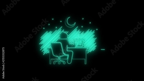 Neon night owl working on laptop: minimalist glowing line animation of a person working late