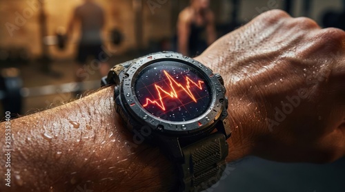 Smartwatch displaying heartbeat on sweaty athlete wrist.