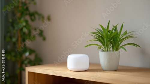 Ultrasonic pest repeller device on wooden shelf beside smart home hub and indoor plant. Non toxic pest control integrated modern smart home ecosystem for safe clean and efficient household protection.