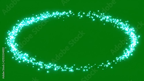 Glowing bright white light particles swirling in a wide oval formation on a green screen background for motion graphics composition and digital visual effects overlay