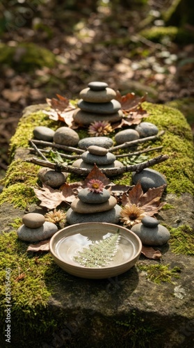Stacked zen stones and water bowl on moss.