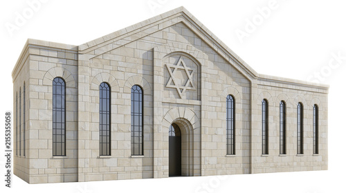 Konstfotografi Stone synagogue with Star of David emblem and arched windows, isolated on transp