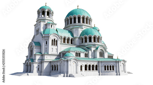 Canvas Print Grand orthodox cathedral with teal domes and white stone facade, isolated on tra