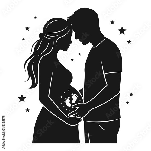 Foto Expectant couple in love holding hands on pregnant belly with stars