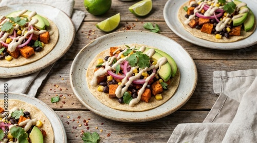 Three sweet potato and avocado tacos on rustic wood.