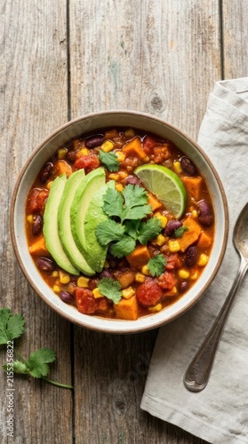 Vegetarian sweet potato chili with avocado