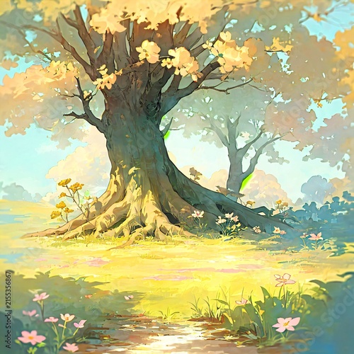 Dreamy watercolor style landscape illustration