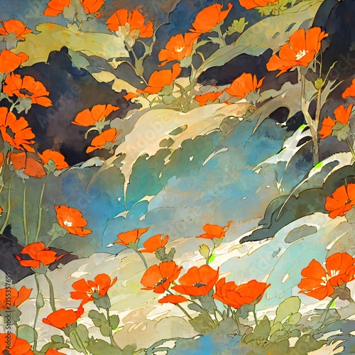 Dreamy watercolor style landscape illustration