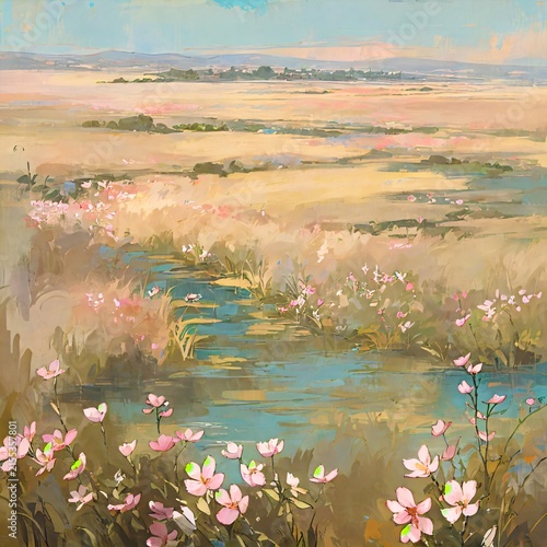 Dreamy watercolor style landscape illustration