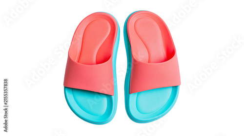 Canvastavla Pair of coral and turquoise rubber slide sandals, isolated on transparent backgr