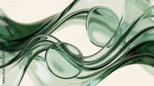 Abstract green glass liquid waves, translucent emerald fluid swirls with bubbles, elegant organic glass texture for luxury cosmetic branding