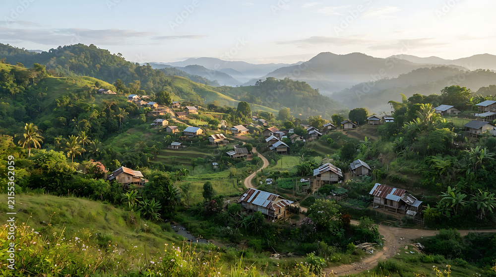 Obraz premium Small village nestled in lush green hills with misty mountains at sunrise landscape view.