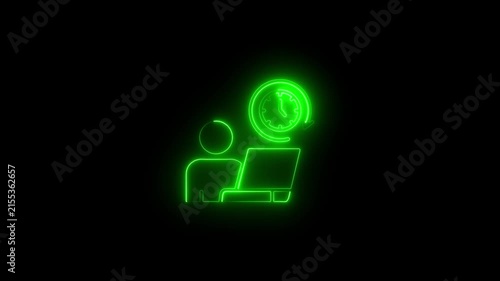 Neon glowing user working on laptop with time management animation for business productivity and efficiency concepts