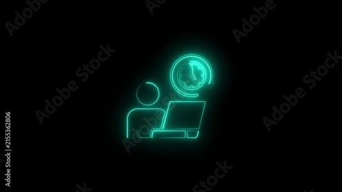 Neon glowing of person working on laptop with clock symbol for time management and productivity computer