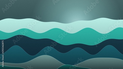 Abstract teal landscape with layered wavy shapes and soft glowing light in a dark night atmosphere