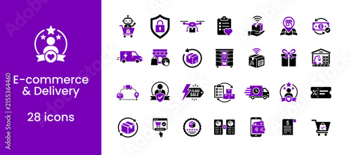 Ecommerce and delivery icon collection displaying shopping carts package tracking and shipping logistics in purple and black tones for online retail platforms.