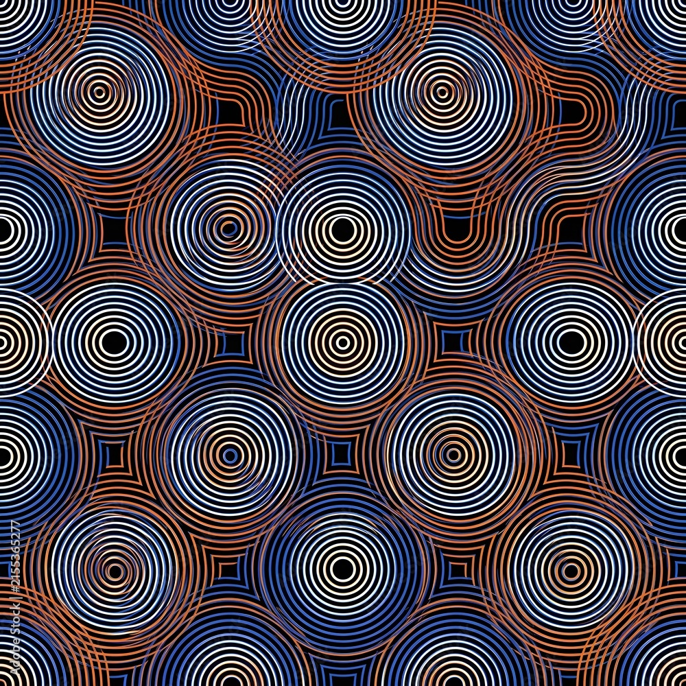Vibrant linear optical geometric seamless pattern, repeating thin lines creating concentric circles and wavy squares, illusion of movement, bold contrasting palette (cobalt blue, bright orange, black,