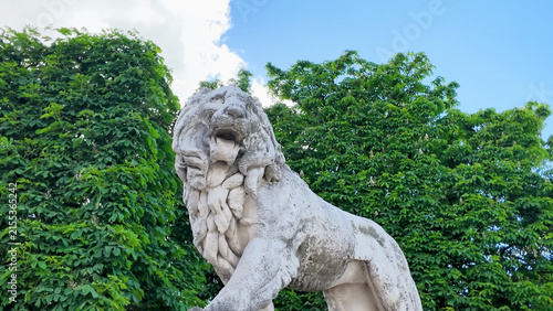 Fotografie Weathered Stone Lion Statue in Luxembourg Garden Paris France