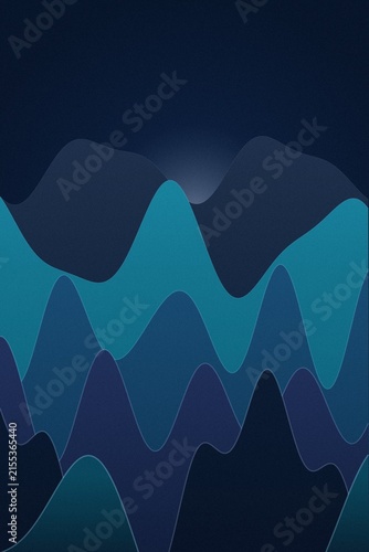 Fotografía Abstract mountain landscape with overlapping wavy layers in deep blue and teal c