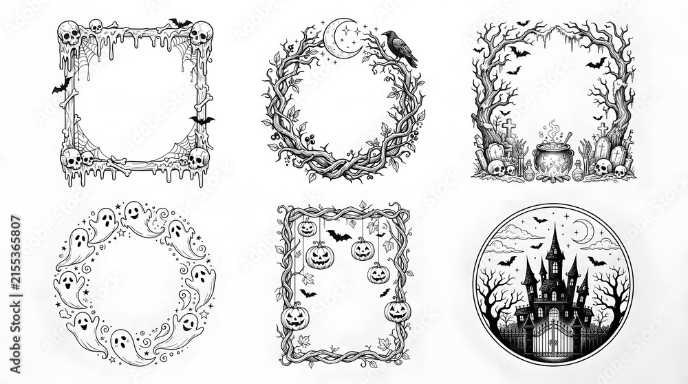 Fototapeta premium Set of six handdrawn halloween frames and circular borders