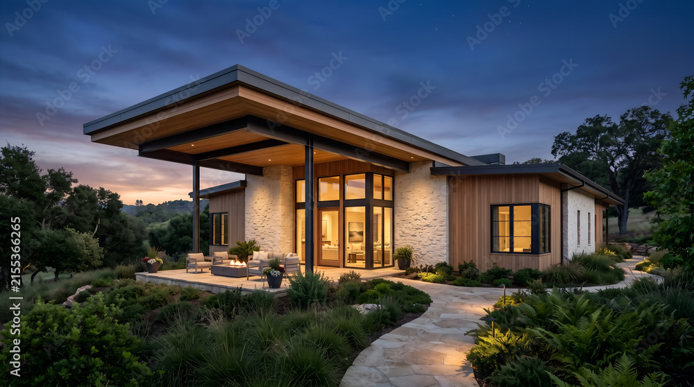 Fototapeta premium Modern luxury home exterior at twilight, contemporary villa with stone and wood siding, elegant residential architecture with outdoor patio