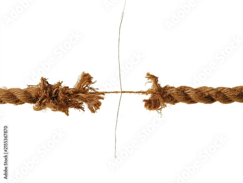 Close-up of a frayed rope about to break against a white background.