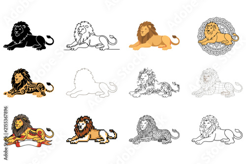 Set of twelve stylized lion in various artistic styles