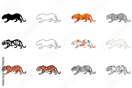 Set of twelve stylized tiger in various artistic styles
