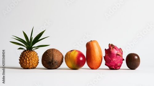 Assortment of Exotic and Common Fruits Lined Up Against a White Background.