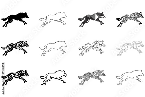 Twelve variations of a running wolf silhouette in different artistic styles