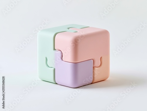 A Pastel Colored Cube Puzzle Toy Assembled on a White Background.