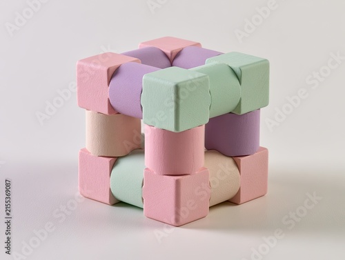Abstract Geometric Sculpture with Pastel Blocks and Circles.