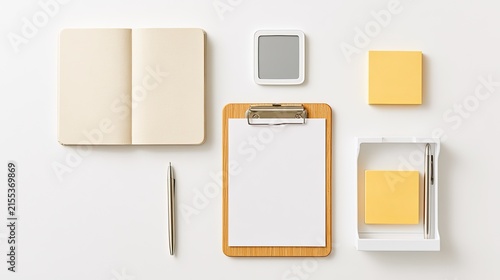 Minimalist Office Supplies Arranged on a White Background.