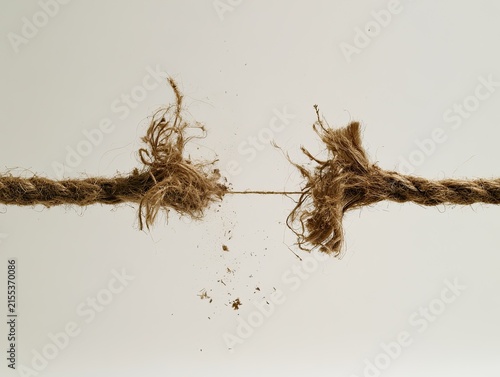 Close-up of a frayed rope breaking apart against a plain background.