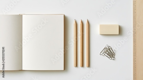 Minimalist Flat Lay of Open Notebook, Pencils, Eraser, and Paperclips.
