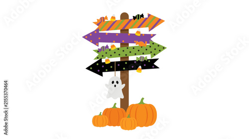 Spooky Halloween directional signpost with colorful arrows, cute ghost, and autumn pumpkins on white background