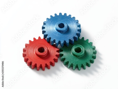 Three colorful interlocking gears representing teamwork and industry.