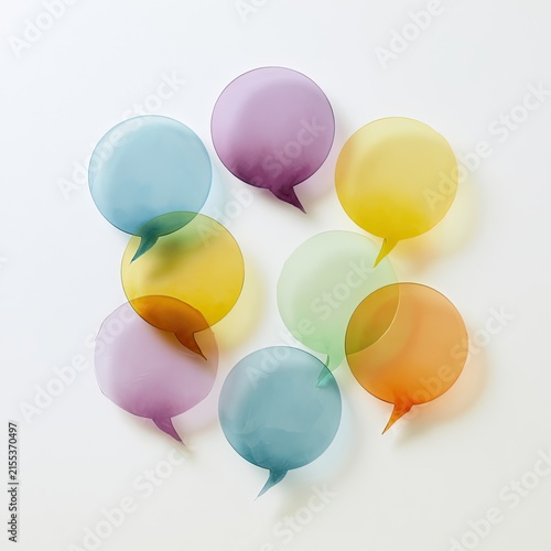Collection of Colorful Translucent Speech Bubbles Arranged in a Circle.
