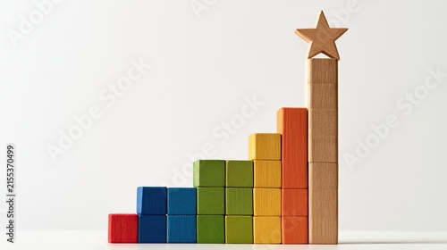 Wooden Blocks Stacked in Rainbow Colors Forming a Growth Chart with a Star Topper.