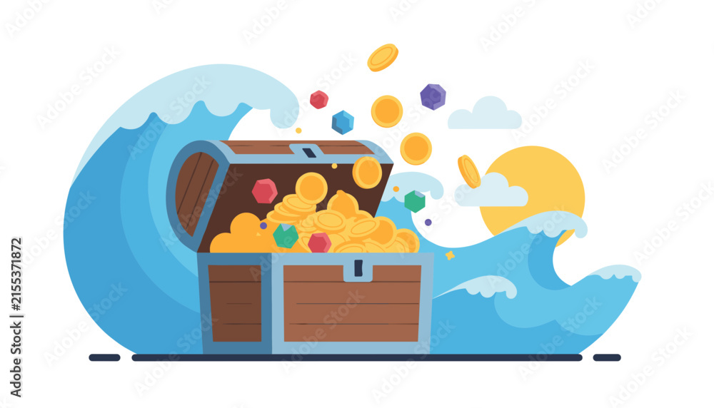 Naklejka premium Open wooden treasure chest full of gold coins and sparkling gems under giant ocean waves and a bright sun.